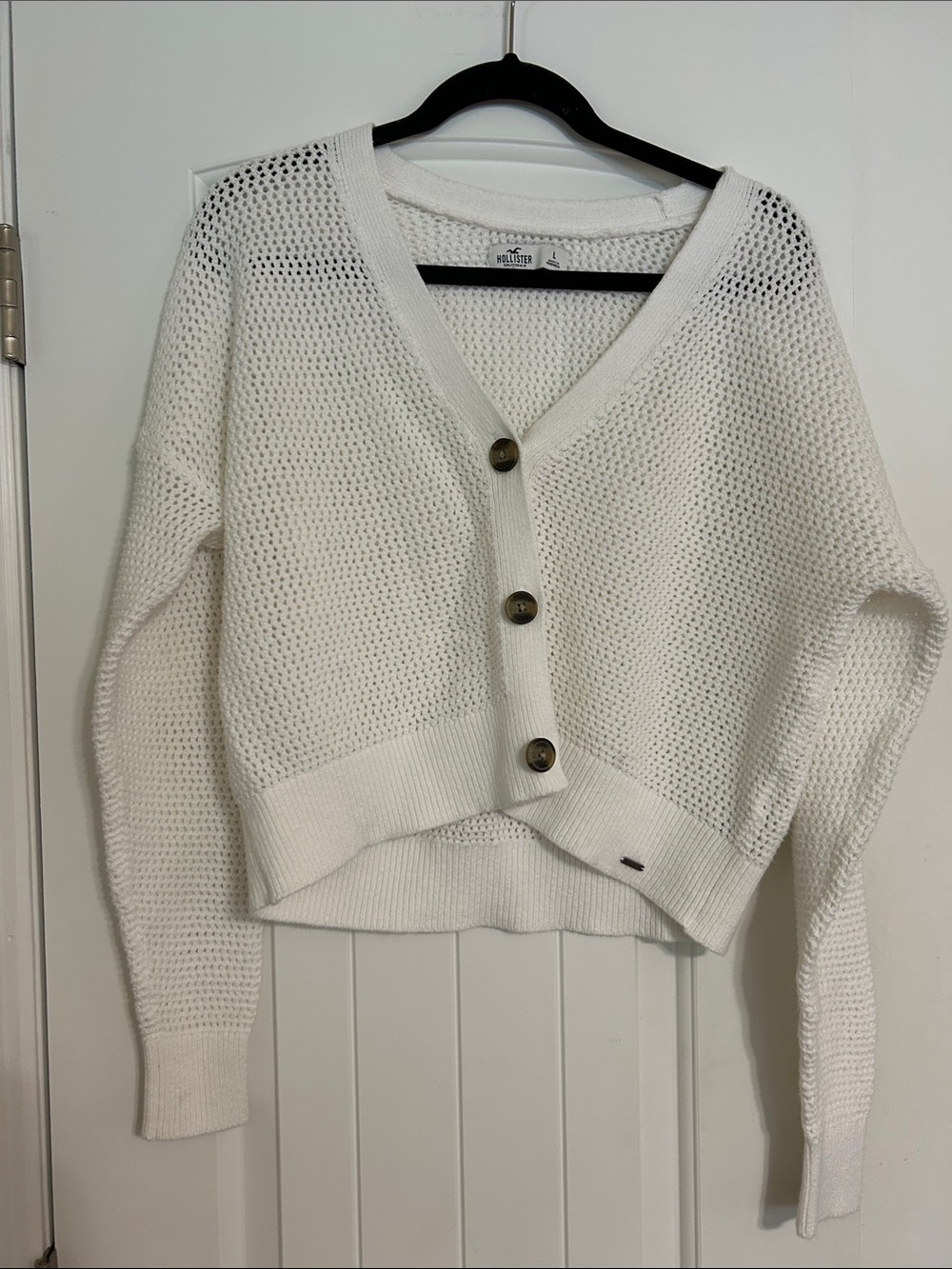 Hollister White Open-Knit V-Neck Button Cardigan